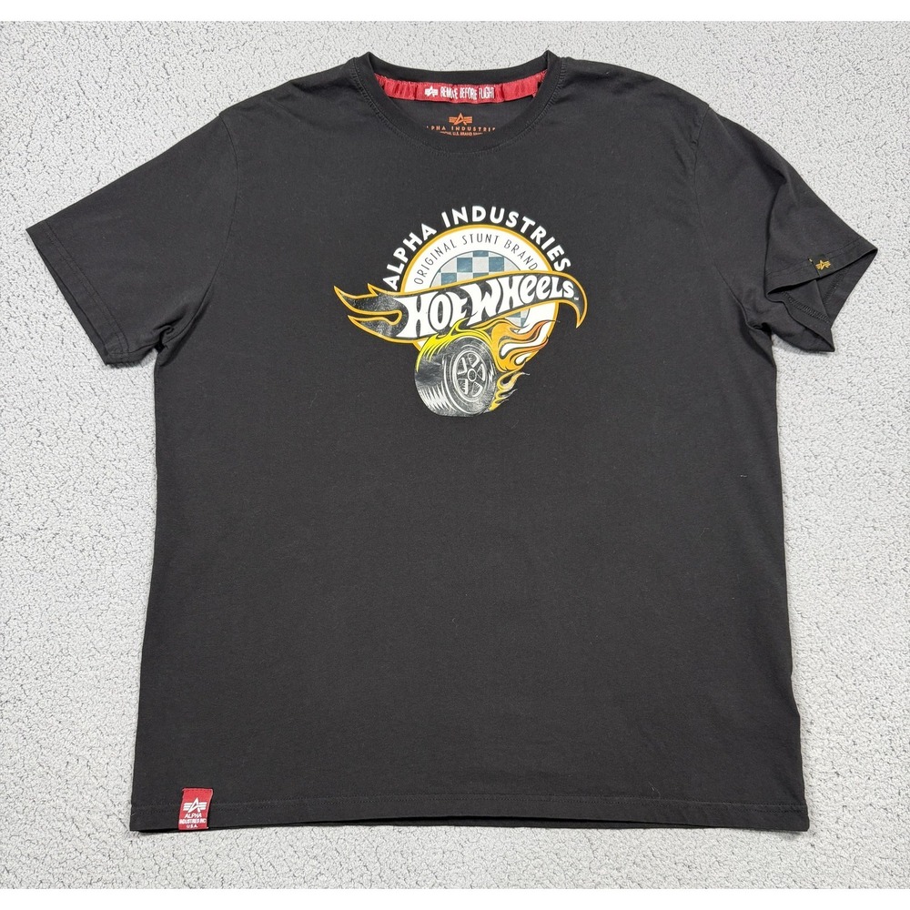 Alpha Industries Hot Wheels Shirt Mens 2XL Black Graphic Logo‎ Tee Crewneck